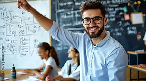 A dynamic teacher leads a lively discussion, encouraging student participation and interaction in a bright, interactive classroom setting.