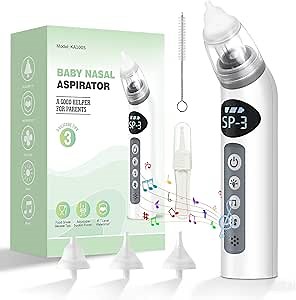 Bivni Baby Nasal Aspirator,IPX7 Waterproof Electric Nasal Aspirator for Baby,with 3 Silicone Tips, Adjustable 3 Levels Suction,8 Light Soothing Function & Music