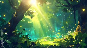 Scene from the forest illustration, animated illustration motion video repeating 4k