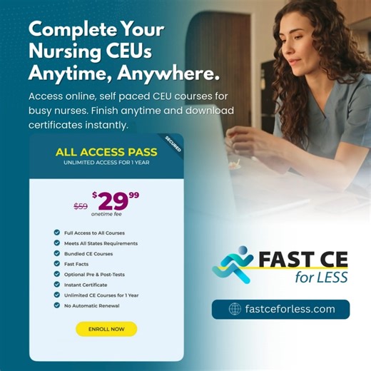 Fast CE for Less on Instagram: "🎓 Complete Your Nursing CEUs Anytime, Anywhere Busy schedule? No problem. Get unlimited access to online, self-paced nursing CEU courses and finish on your time. 💥 All Access Pass – Only $29.99 ✔ Unlimited CEUs for 1 full year ✔ Meets all state requirements ✔ Instant certificates ✔ No automatic renewal Enroll today and stay compliant without the stress. 👉 fastceforless.com #NursingCEUs #NurseLife #ContinuingEducation #OnlineCEUs #NursesOfInstagram #RegisteredNu