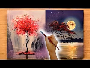 How to Paint 2 Landscapes with RED TREES/ Relaxing Acrylic Painting/ TIMELAPSE