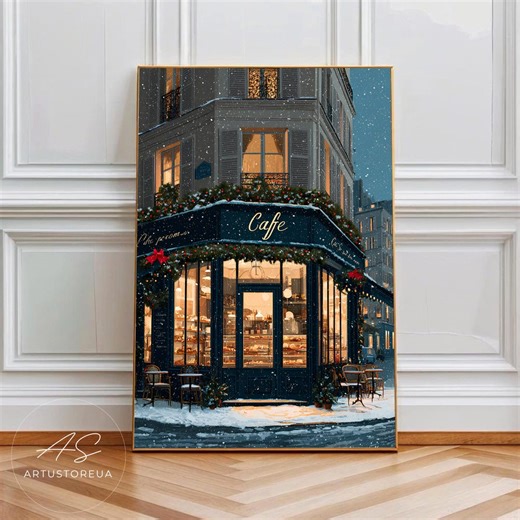 Cozy Paris Winter Café Illustration - Snowy Christmas Street Scene, Warm Holiday Night City Art Print, Festive European Architecture Decor - Etsy