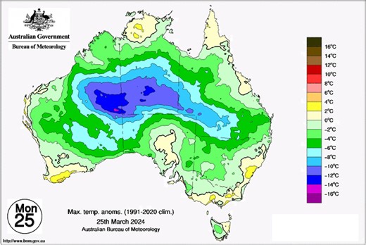 Daytime temperatures will remain well below the March average for much of the country over the coming days, peaking at 14-18 °C below average through the interior this weekend. Temperatures will start to warm up from Monday for southern Victoria, eastern parts of New South Wales and the far south-west of Western Australia. Stay up to date with the latest forecasts and warnings via our website https://ow.ly/mxo250QYmY2 or the BOM Weather app. | Bureau of Meteorology