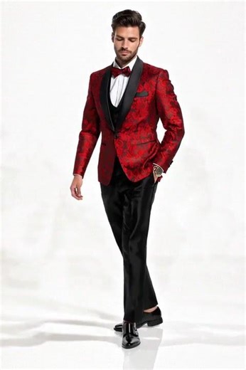 Men's One Button Slim Fit Shiny Paisley Red Prom Tuxedo