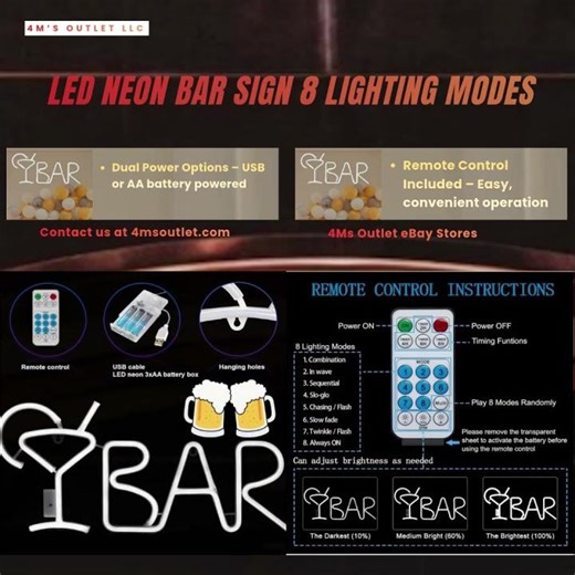LED Neon Bar Sign 21" x 10" w/ Remote – 8 Lighting Modes, USB or Battery Powered Wall Decor