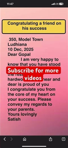 Letter congratulation on success|class 8th| English |pseb