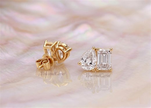 10K Yellow Gold Pear & Emerald Cut Lab Diamond Stud Earrings | 3.60 CTW Push Back - Etsy