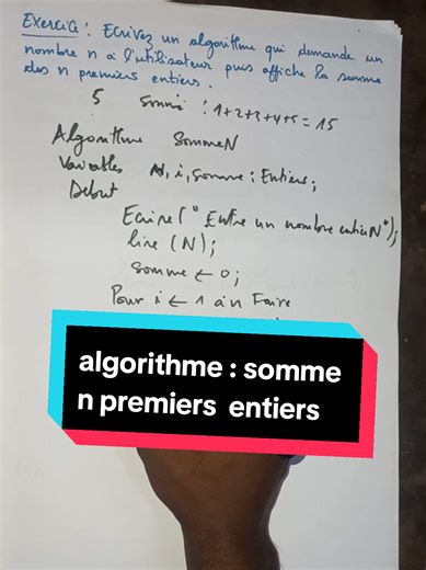 écrire un algorithme qui demande un nombre ba l´utilisateur et affiche la somme des n premiers nombres #algorithme #informatique #astuces #flypシ #foruyou