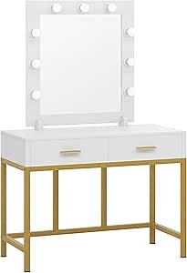 Tribesigns Vanity Table with Lighted Mirror, Makeup Vanity Dressing Table with 9 Lights and 2 Drawers for Women, Dresser Desk Vanity Set for Bedroom, Gold (White)