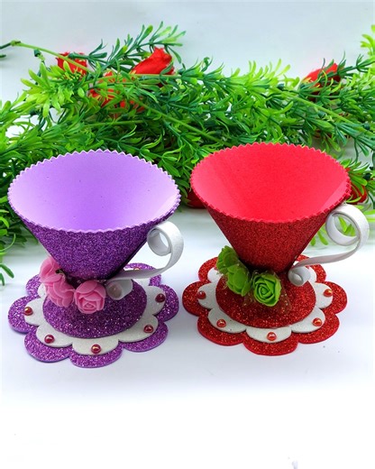 356K views · 6.9K reactions | Most beautiful paper cup making very easy tutorial at home - Home decorating ideas with eva glitter faom sheet paper coffee cup #cup #handmade #decor | Origami Art & Crafts | Facebook