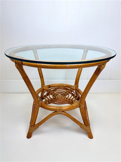 Vintage Bamboo and Rattan End Table With Glass Top, Round and Swirl Design, Mid Century Modern, Boho, Palm Springs - Etsy
