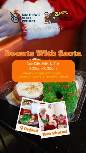 Santa’s coming to Sandy’s tomorrow! 🎅 Bring the whole family for a morning of holiday magic. Enjoy a FREE meet-and-greet with Fargo Santa, festive coloring sheets, and our delicious seasonal donuts! Mark your calendars: Sunday, Dec 21 | 8:30-10:30 AM 📍 Sandy’s Donuts - 4215 45th St S, Fargo, ND We’re also hosting a Sock Drive with Matthews Voice Project! Bring a pair of new socks to support children experiencing homelessness. Make it a morning to remember, snap holiday photos with Santa, give 