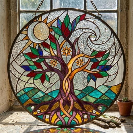 Tree of Life Stained Glass Style Suncatcher, Sun Moon Window Hanging Decor, Spiritual Home Art Gift for Nature Yoga Lovers - Etsy