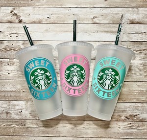 Sweet Sixteen | Personalized 16th Birthday Starbucks Cold Cups, Reusable Plastic Beverage Tumbler - You Choose Colors - Etsy