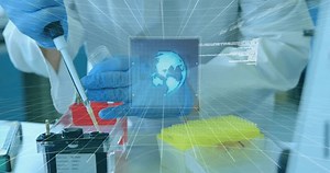 Animation of data processing and scope scanning over caucasian scientist taking samples. Global science and digital interface concept digitally generated video.