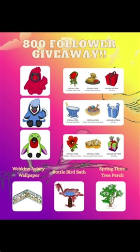 CozyKinz 800 Follower Giveaway!🎉🦜🐦🐥 Hi eveyone! I'm so excited to do a giveaway to celebrate 800 followers! 🙌 I absolutely cannot believe it!! This is SO special to me! I love getting to share Webkinz with you all, and I wanted to do something to give back to thank you guys for all your support! 🥹🫶 To celebrate I will be giving away: Lil kinz Blue Jay Lil kinz Cardinal Lil kinz Hummingbird Webkinz Aviary Wallpaper Bottle Bird Bath Spring Time Tree Perch (Digital Codes Only!) 🦜🐥🐦 How to