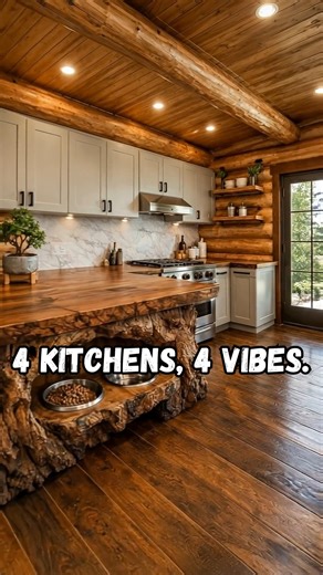 Natural log cabin on Instagram: "Which Dream Kitchen Would You Cook In? A, B, C, or D 🍞✨ Collage prompt concept of cozy dream kitchens labeled A, B, C, and D featuring rustic cabin and cottage interiors, including an arched wood-beam kitchen with farmhouse sink and stone details, a rustic log cabin style kitchen with warm lighting, a whimsical woodland storybook kitchen with lantern glow, and a warm nature-inspired luxury cabin kitchen with wood textures and soft ambient light. #fblifestyles #c