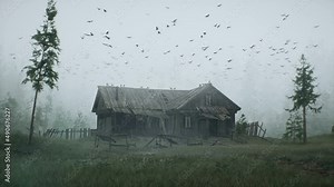 An old abandoned hut standing in the woods during high winds. Mystical magic atmosphere. Spooky fairytale forest concept. The looped animation is perfect for scary, fantasy and halloween backgrounds.