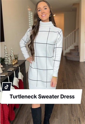 Classy white turtleneck sweater dress that is so comfortable. Made from soft acrylic fabric and has ribbed detailing. The classic plaid pattern & knee-length flatters every figure. I’m 5’6” wearing size XS/S. Click the link to get it before it sells out. @CHICWISH #dress #sweaterdress #winterfashion