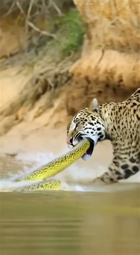 The python pulls the leopard into the water and becomes a ‘water hunter’! 🐆🐍💦#Python #Leopard #water