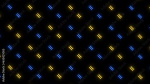 Abstract blue and yellow lines form a captivating pattern of seemingly floating squares and rectangles, creating a vibrant visual effect on a black backdrop