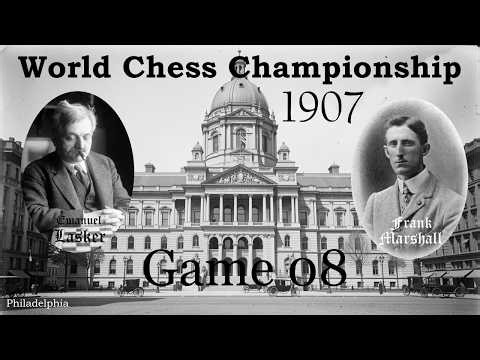Chess WCC 1907 (USA) Lasker E. vs. Marshall F., Game 08, Score 3-0, #chess #Lasker #Marshall