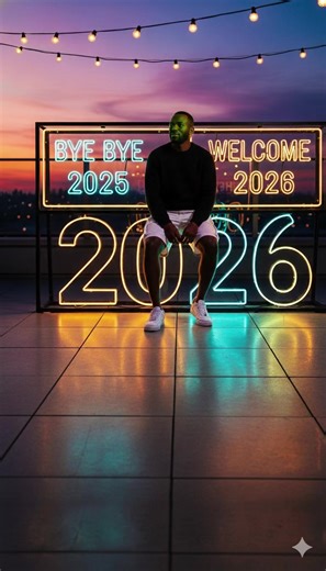 cheerful New Year's shooting scene atures a young man sitting on a neon-lit numbe 026: Behind him, a large, bright LED sign ads'BYE BYE 2025 'and'WELCOME 2026' in ninous cyber blue and warm gold. The roof is corated with tiny lanterns. Colorful twilight sky, urry city skyline. Fashion: Thick knitted black reater with thick textured yarn and white cargo orts, white sneakers. Highly detailed, vibrant lors, sharp reflection, ultra-realistic 8K. > keep y face 100% the same as in the reference pictur