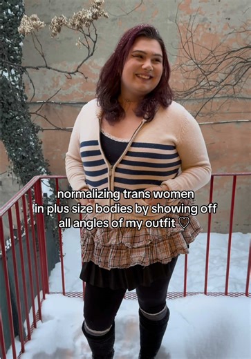 normalizing trans women in plus size bodies by showing off all angles of my outfit because the big girls serve even in snowstorms 💅🏻🌨️ outfit details: jacket / @Old Navy tank top / @H&M skirt / @hm fleece lined tights / @UNIQLO USA shoes / @Dr. Martens #ootd #plussize #plussizefashion #trans #transwoman