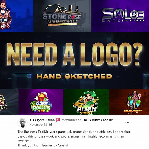 YOU NEED A PERFECT LOGO! Custom, Original, Hand-Sketched 72 Hours Turnover, Copyright Ownership HQ FILES: JPG, PNG, AI, PDF, SVG, EPS 25,000 Satisfied Customers Miami, FL - USA | 786-305-5600 Seen on MSNBC, Yahoo, NY Weekly www.thebusinesstoolkit.com | The Business ToolKit