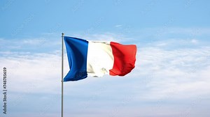 Flag France against cloudy sky. French flag waving in the wind, national symbol. Country, nation, union, flag, government, french culture, politics.
