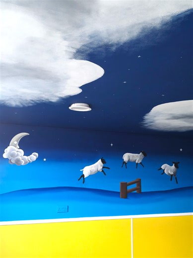 My last mural of the year! Creating a dreamy, starry night in the sleep room for the little ones at Achievers Day Nursery. I'm now looking forward to some exciting projects in 2026!! I have 2 spots left for indoor murals before my busy outdoor season starts... #sleeproom #nightsky #moon #nightclouds #ceilingmural @Crown Paints