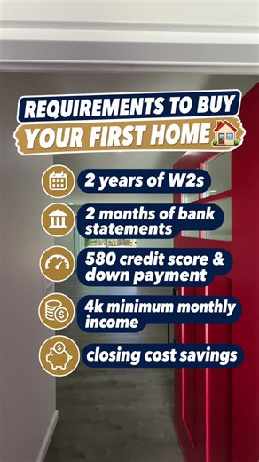 Thinking about buying your first home? Here are some common requirements you may need to be prepared for: ✅ 2 years of W-2s ✅ 2 months of bank statements ✅ Around a 580 credit score ✅ Down payment funds ✅ Approximately $4,000 in monthly income ✅ Savings for closing costs 💡 But here’s the important part: Every buyer’s situation is different, and loan requirements can vary depending on the loan program and lender. There may also be down payment assistance programs available that could help with y