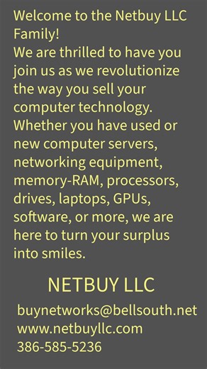 Netbuy Robb Adams on Instagram: "We are buying! PLEASE EMAIL buynetworks@gmail.com WITH A LIST OF PRODUCTS YOU SELL! Website www.netbuyllc.com WE BUY USED & NEW COMPUTER SERVERS, NETWORKING, MEMORY-RAM, CPUs-PROCESSORS, DRIVES & STORAGE ARRAYS, LAPTOPS, NOTEBOOKS, HARD DRIVES, SSD DRIVES, HIGH END GPUs GRAPHICS CARDS, MICROSOFT SOFTWARE, IP PHONES, TELECOM, DATA COM, DATA CENTERS, SATELLITE COMMUNICATIONS, INTEL PROCESSORS, & MORE. WE BUY Cisco, Meraki, Nvidia, Juniper, EMC, NetApp, Brocade, Cal
