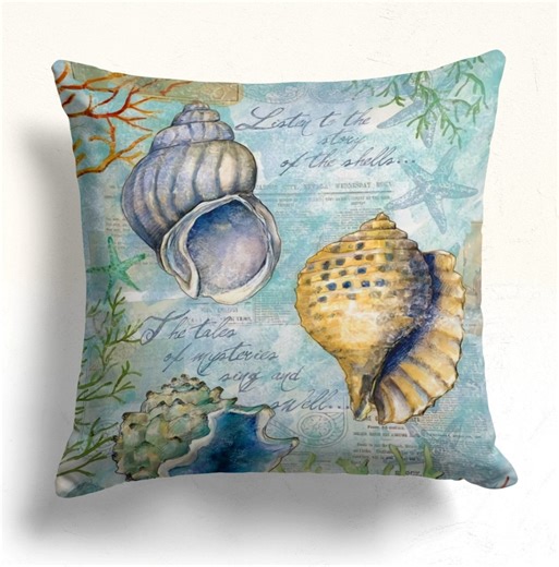 Coastal Seashell Watercolor Pillow Cover, Nautical Ocean Themed Decorative Throw Pillow, Watercolor Shell and Starfish Coastal Pillow - Etsy