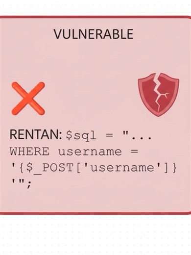 Mencegah_SQL_Injection_&_XSS celah kecil di website… bisa jadi pintu masuk hacker ⚠️ SQL Injection & XSS adalah dua serangan paling umum di web. Tapi kabar baiknya—bisa dicegah! Gunakan prepared statements untuk query database agar input tidak dieksekusi sembarangan. Terapkan validasi & sanitasi input, serta escaping output untuk mencegah script berbahaya berjalan di browser. Tambahkan juga Content Security Policy (CSP) untuk lapisan keamanan ekstra. Ingat: keamanan bukan fitur tambahan, tapi ke