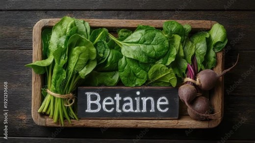 Betaine: Food sources including beets, spinach, wheat, and powdered betaine supplements