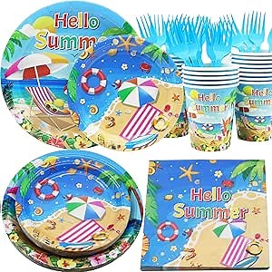 Beach Party Supplies Summer themed Plates and Napkins Beach Birthday Party Decorations Summer Beach Party Plates Summer Party Tableware Set Serves 20