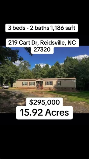 ✨🏡 Country living at its best! Ubicada al final de un cul-de-sac privado, esta propiedad de 16 acres en Reidsville, NC lo tiene todo. 🌟 Una casa móvil nueva y diseñada con cuidado de 3 dormitorios y 2 baños (1,200 sq ft) se encuentra al frente de la propiedad, mientras que la parte trasera se extiende hasta un hermoso arroyo. 🌳 Con alto valor en madera, abundante vida silvestre —venados, pavos y más— además de dos áreas ya despejadas perfectas para jardines o parcelas de cultivo. ✨ ¡Propiedad