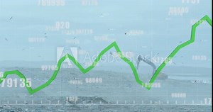 Multiple changing numbers floating over green graph moving against bulldozer working on landfill