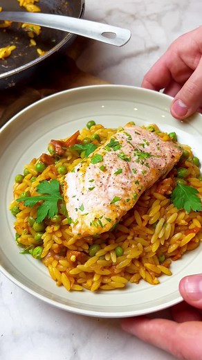 Easy One-Pan Salmon and Chorizo Orzo Recipe