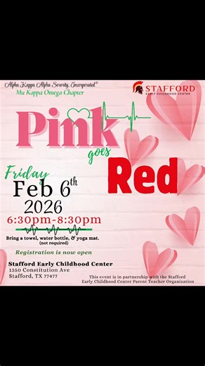 Join Alpha Kappa Alpha Sorority, Inc. ® Mu Kappa Omega Chapter for Pink Goes Red: “Level Up and F.L.E.X.” for Women’s Heart Health. The event will take place on Friday, February 6, 2026, from 6:30 PM to 8:30 PM at Stafford Early Childhood Center located at 1350 Constitution Ave, Stafford, TX. This free event features sessions focused on nutrition, fitness, relaxation, and mental health. Most importantly, come prepared for a healthy workout! Click the link in the BIO and register TODAY! Space is 