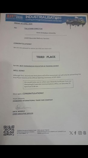 Great Zimbabwe University Wins 3rd Prize at ZITF 2025