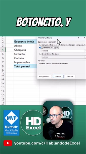 🔥 ¿Te suena esto? Tu 📊TABLA DINÁMICA siempre se ordena por la primera columna… aunque tú no quieras 😅 En el short te enseño a ordenarla por la 💥SUMA TOTAL o cualquier 🔢COLUMNA que necesites. En el canal verás lo fácil que es: Activar las ⚙️OPCIONES DE ORDENACIÓN avanzadas Elegir correctamente la columna Mejorar tu análisis con 📈EXCEL 👉 Entra al canal y descubre todo lo que hay: https://www.youtube.com/c/HablandodeExcel ✨ Cuando conoces el botón correcto, todo cambia. #Excel #TablasDinámic