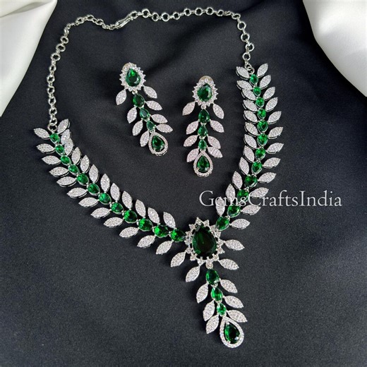 American Diamond Green Necklace, CZ Diamond Bridal Necklace Set, Silver Finish AD Choker Necklace, Indian Necklace, Gift for her