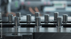 Close-up of Battery Cells for Automotive Industry on Conveyor Belt. High Capacity Batteries on Production Line. Lithium-ion Cells for High-voltage Electric Vehicle Batteries Manufacturing Process.