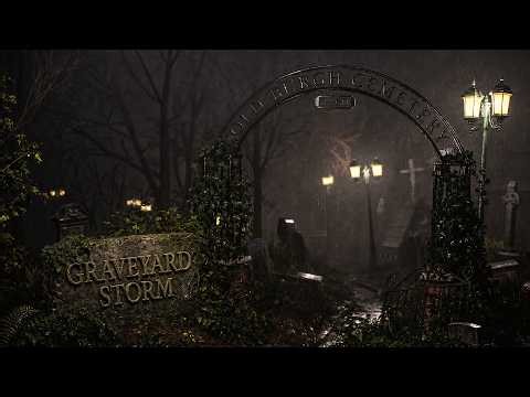 Rainy Halloween Night in a Haunted Graveyard | Rain, Thunder & Lightning Ambience (4K)