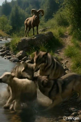 Attack Sheep by Wolf 🐺 near River 🌊 #sheep #Wolf #attackwolf #huntsheep #ram #animalfight #shorts