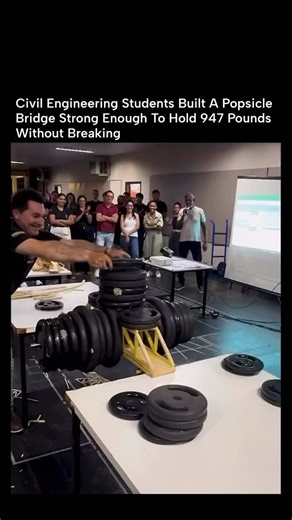 Ai hoods on Instagram: "How a Popsicle-Stick Bridge Carried Nearly Half a Ton of Weight A structure made from nothing but popsicle sticks and glue held almost 947 pounds without collapsing 🔥⚙️ This wasn’t luck — it was engineering. Civil engineering students designed the bridge using real-world principles like truss geometry, load distribution, and tension vs. compression. By spreading forces across carefully arranged triangles, no single stick carried the load alone. The result: a lightweight 