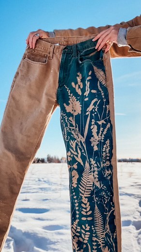 Kellie Swanson on Instagram: "It’s not very often that I only print one item at a time and have every single favorite flower available. These pants have it all. Snap dragon, ferns, sea oats, sweet pea, lavender, lupin and more 💙 I’m obsessed with how they turned out! What do you think? 🌿🌼🌾🌻 #upcycle #upcycledclothing #cyanotype #cyanotypeprint #cyanotypeartist #bozeman #montana #yellowstone #bigsky #madeinmontana #thriftflip #carhartt #vintagefashion #handmade"