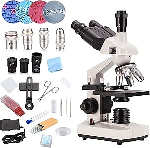 40X-5000X Magnification, Compound trinocular Microscope, WF10x and WF20x eyepieces, Research Grade trinocular Compound Laboratory Microscope, Bright Field, high Resolution Optics. Abbe Condenser